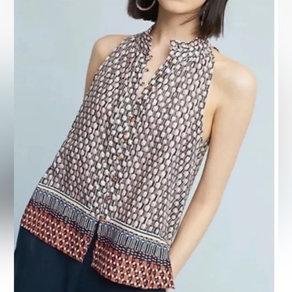 Maeve Women's Prema Sleeveless Button Tank Boho Ethnic Mixed Print Ruffle Size L - Picture 2 of 15